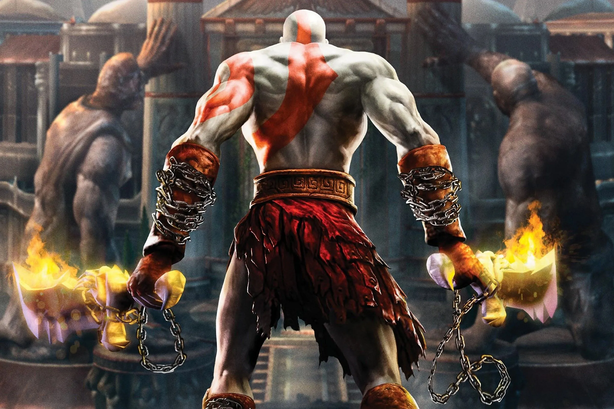 Poster game God of War II với Kratos cầm Blades of Chaos, sẵn sàng cho trận chiến