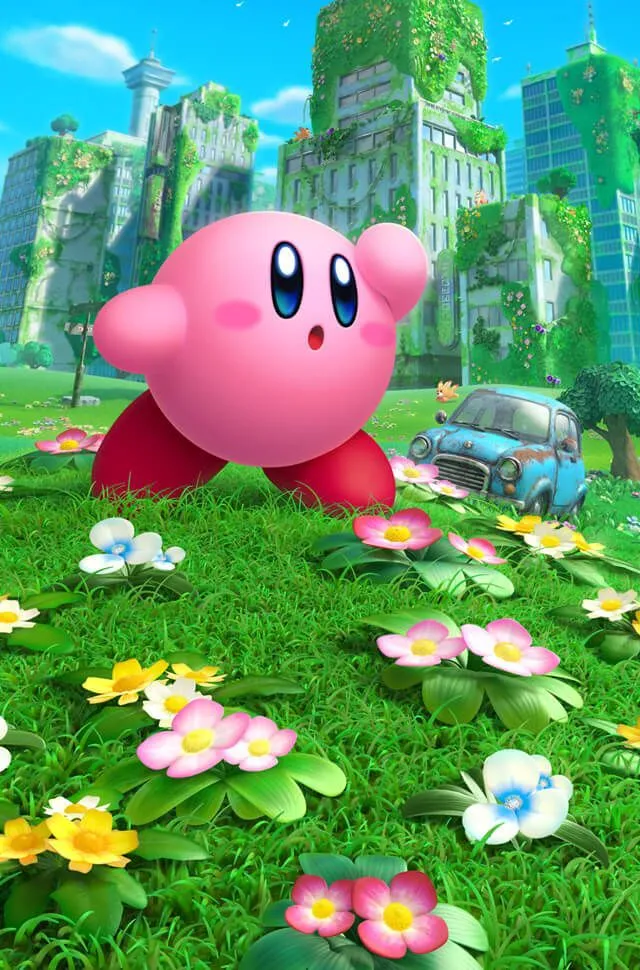 Poster game Kirby and the Forgotten Land với Kirby và Bandana Waddle Dee trong thế giới hậu tận thế đầy màu sắc