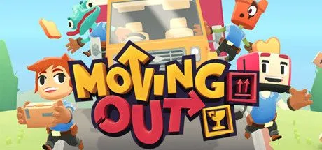 Poster game Moving Out với các nhân vật hoạt hình đang chật vật di chuyển đồ đạc qua cửa sổ và các chướng ngại vật