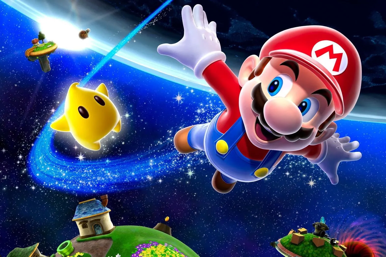 Poster game Super Mario Galaxy với Mario và Rosalina bay lượn giữa các hành tinh nhỏ trong không gian