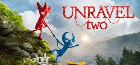 Poster game Unravel Two với hai nhân vật len Yarny màu đỏ và xanh đang cùng nhau phiêu lưu