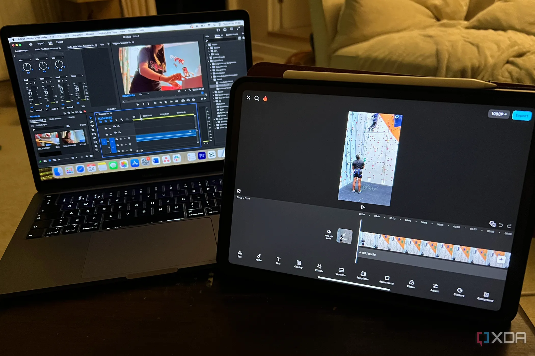 Premiere Pro trên MacBook với CapCut trên iPad bên cạnh