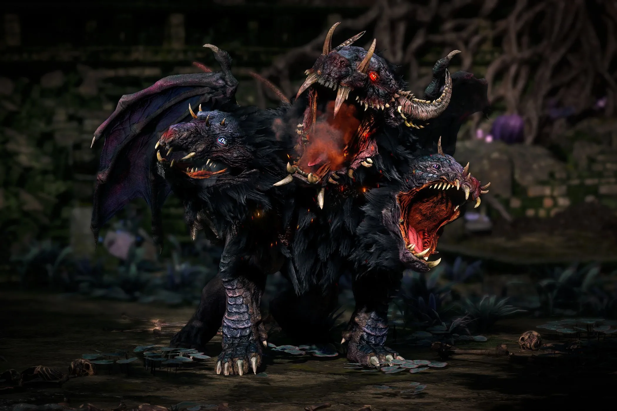 Quái vật ba đầu Cerberus trong Path of Exile 2, thể hiện sự đa dạng và độ khó của game