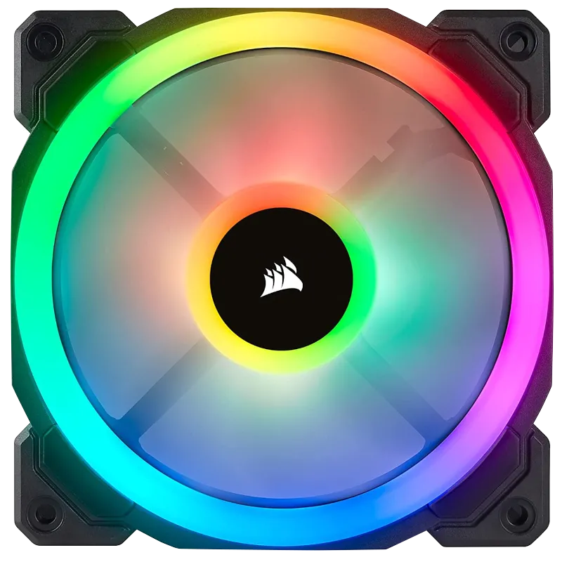 Quạt Corsair LL120 RGB với hiệu ứng ánh sáng rực rỡ, là một ví dụ về quạt tản nhiệt cao cấp có vòng bi thủy lực.