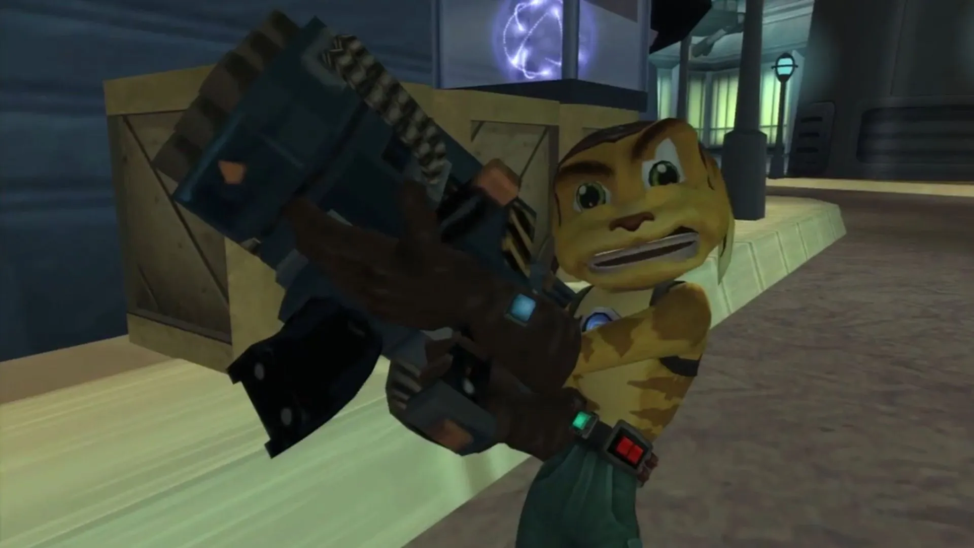 Ratchet đang cầm khẩu súng R.Y.N.O. mạnh mẽ trong series game Ratchet &amp; Clank.
