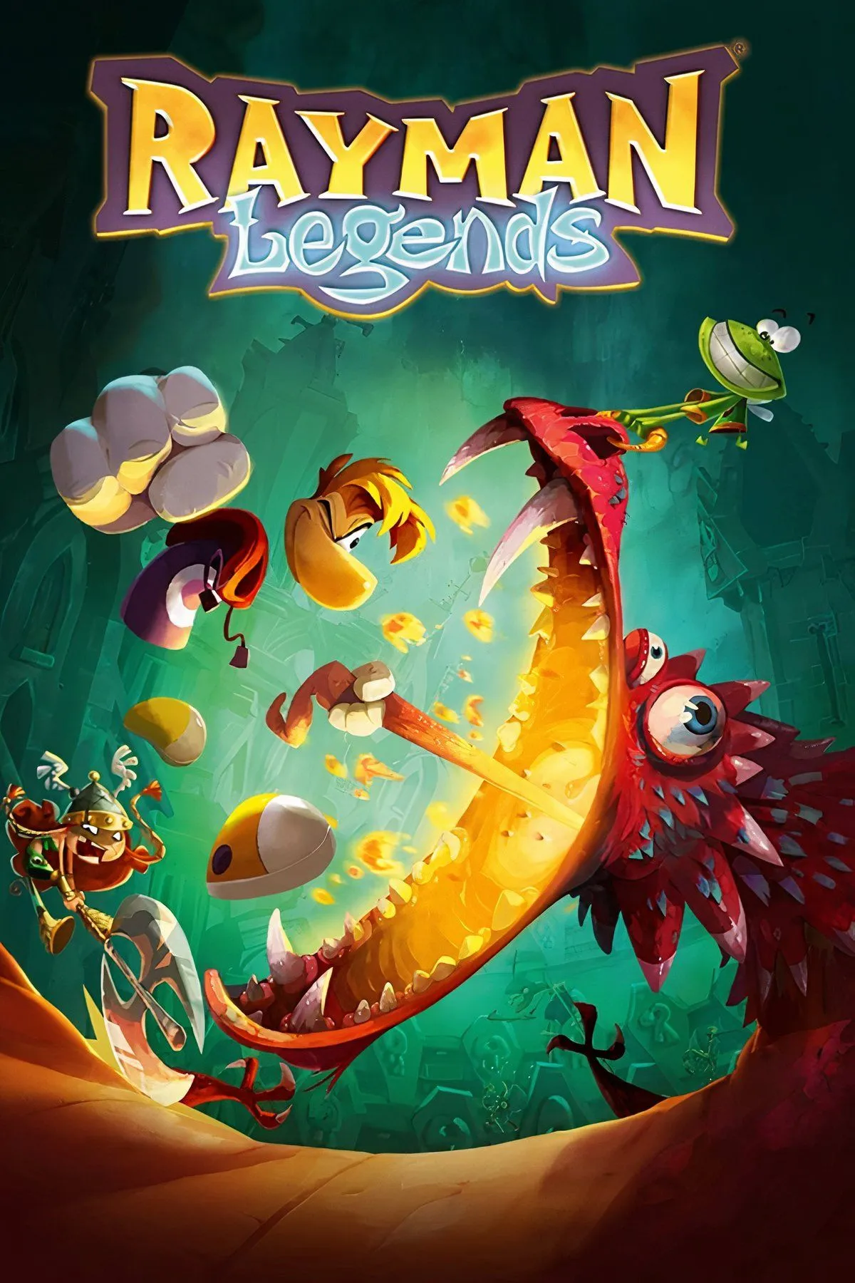 Rayman và các nhân vật khác chạy qua một khu rừng với đồ họa hoạt hình