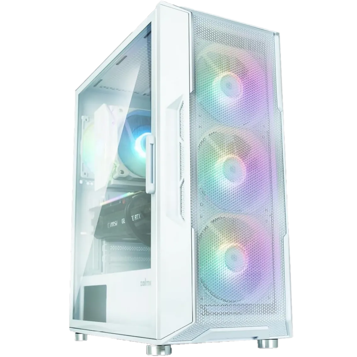 Render 3D của vỏ case Zalman i3 Neo màu trắng với bốn quạt RGB, mặt trước dạng lưới và mặt bên kính cường lực, thể hiện một lựa chọn vỏ case PC tầm trung.