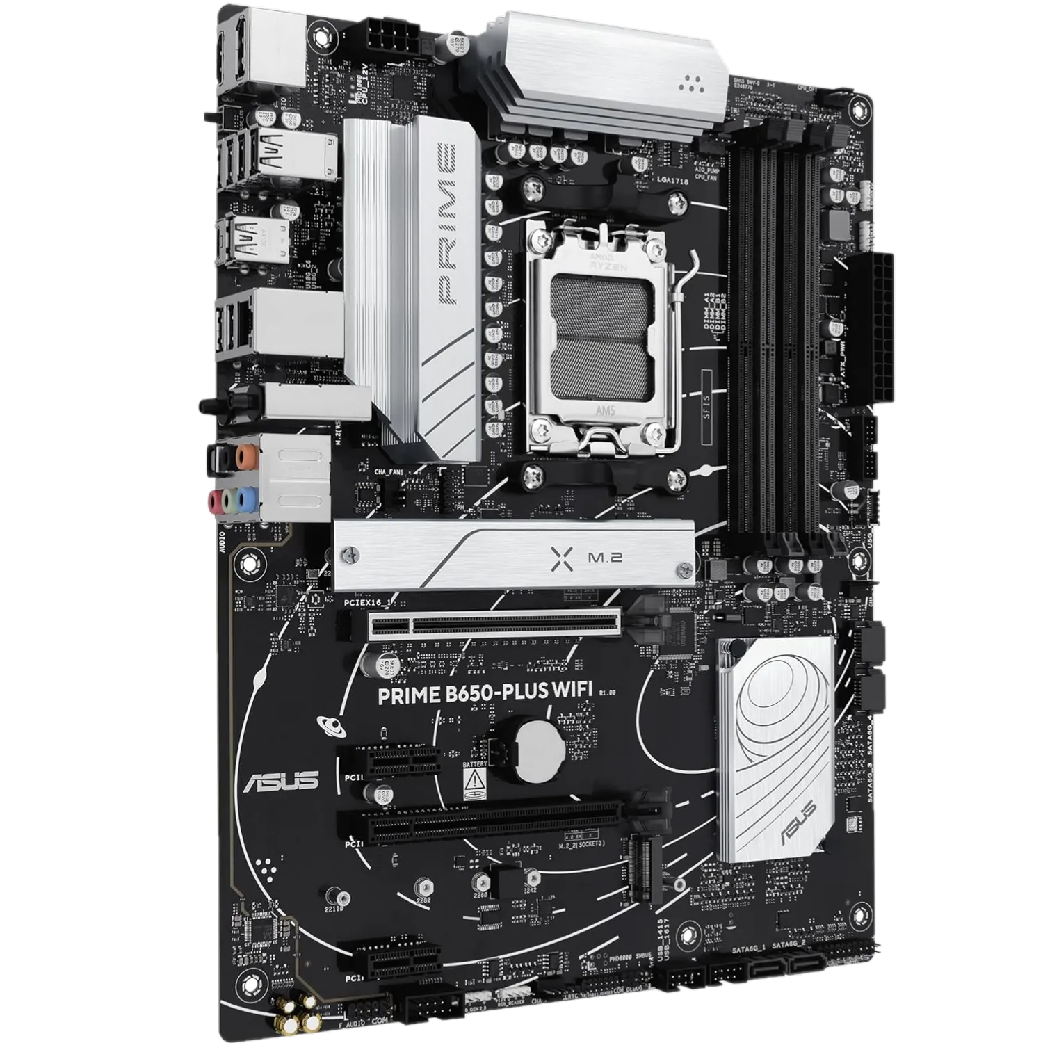 Render trong suốt của một mainboard đen và xám, với các chi tiết rõ nét