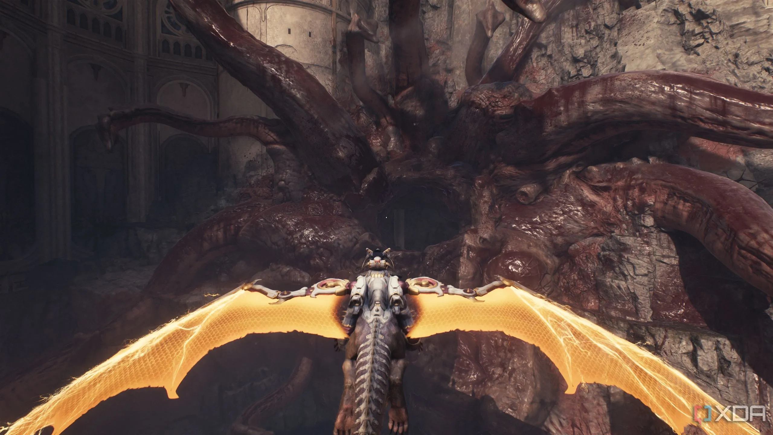 Rồng Serrat bay xuyên qua một Leviathan ma quỷ trong Doom The Dark Ages.