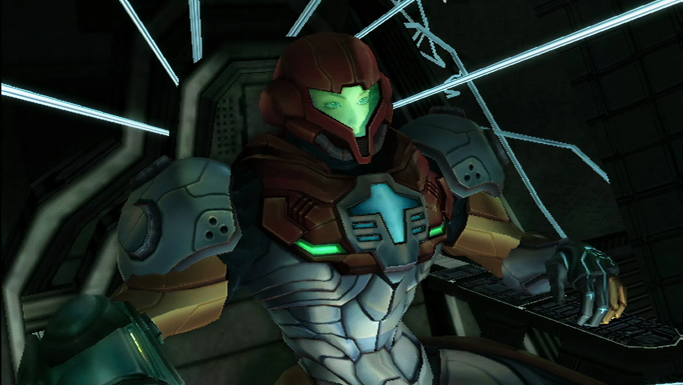 Samus Aran bắn súng trong Metroid Prime 3, thể hiện khả năng điều khiển mục tiêu chính xác của Nintendo Wii
