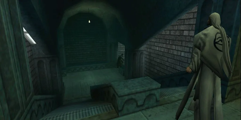 Screenshot of a scene from Blood II: The Chosen video game with two characters, one at the top of a set of stone steps and another at the bottom.