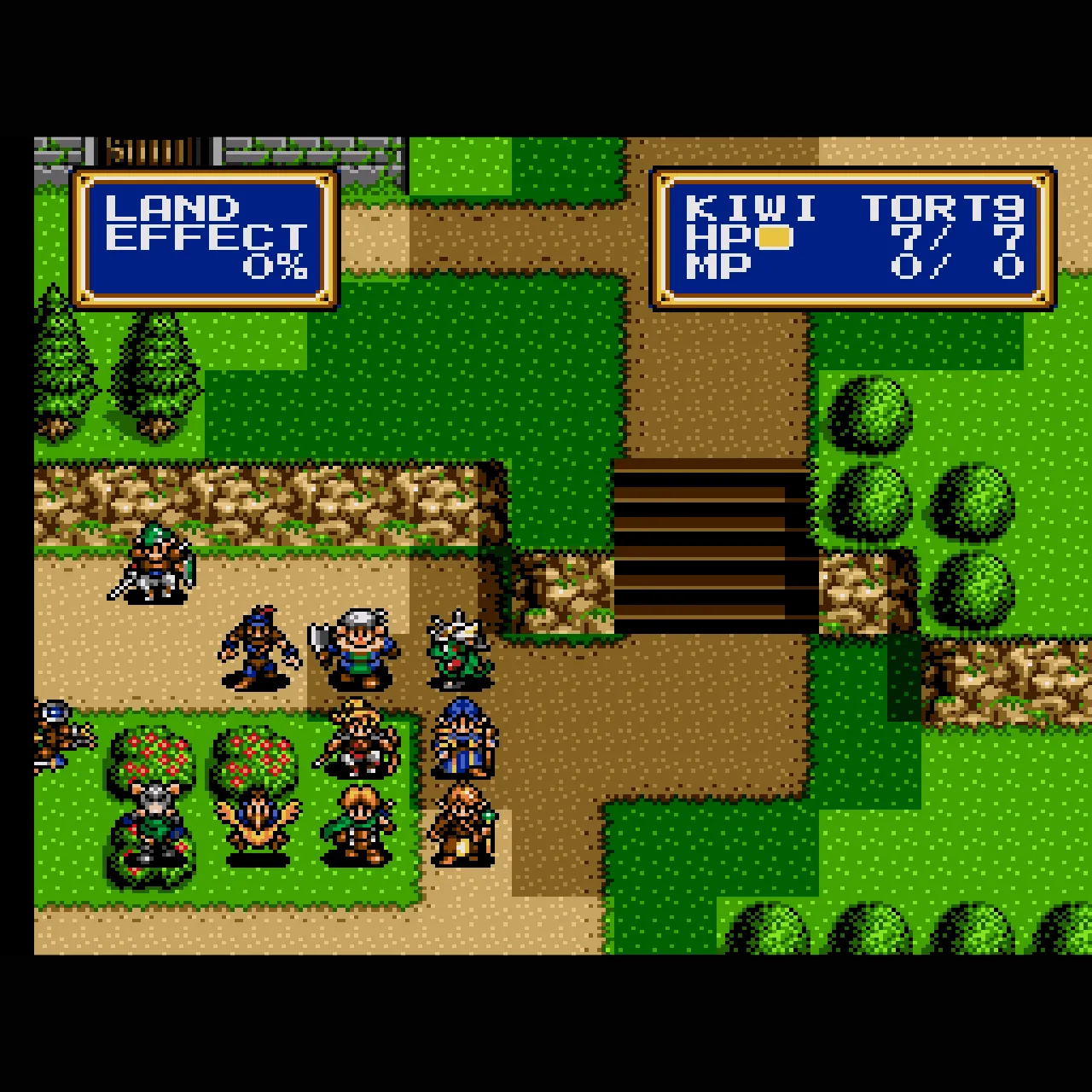 Shining Force 2 với cảnh chiến đấu trong màn chơi đồi cỏ, các nhân vật chuẩn bị tấn công quái vật