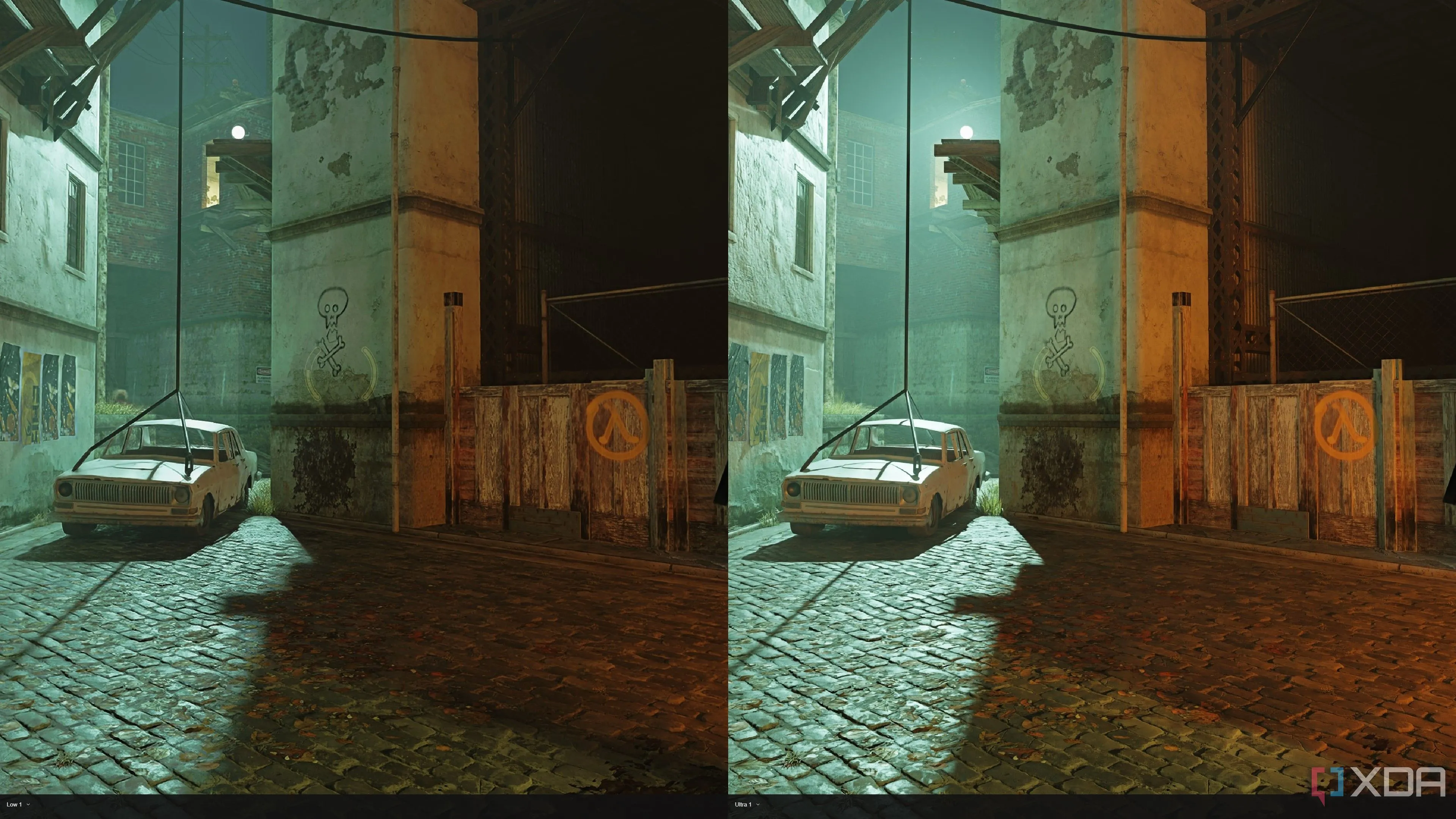 So sánh chất lượng ánh sáng tổng thể trong Half-Life 2 RTX ở preset Ultra và Low, cho thấy sự khác biệt về volumetric light