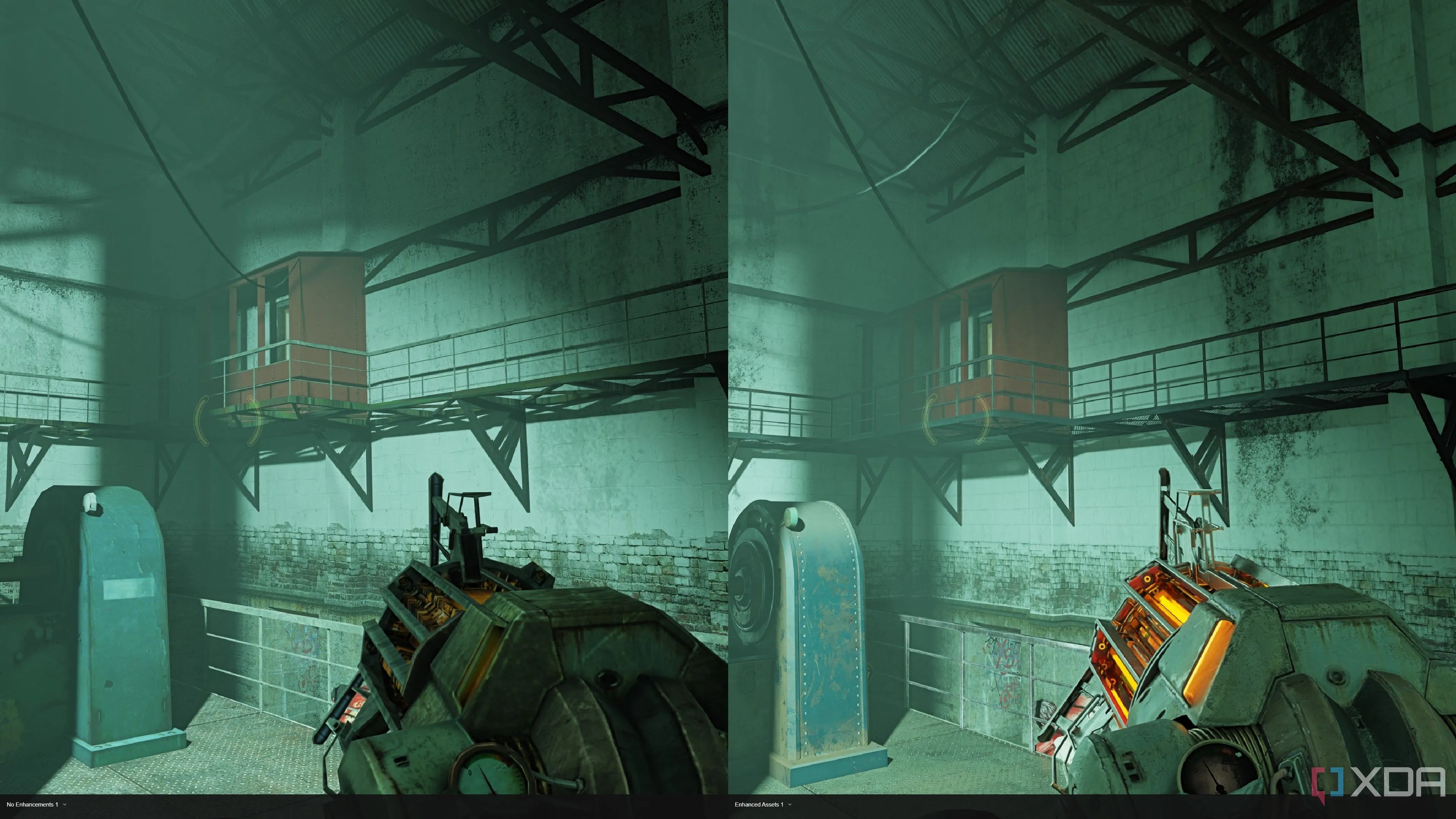 So sánh chất lượng chi tiết và hiệu ứng ánh sáng trên Gravity Gun và kết cấu sàn trong Half-Life 2 RTX giữa bản gốc và bản được nâng cấp tài nguyên