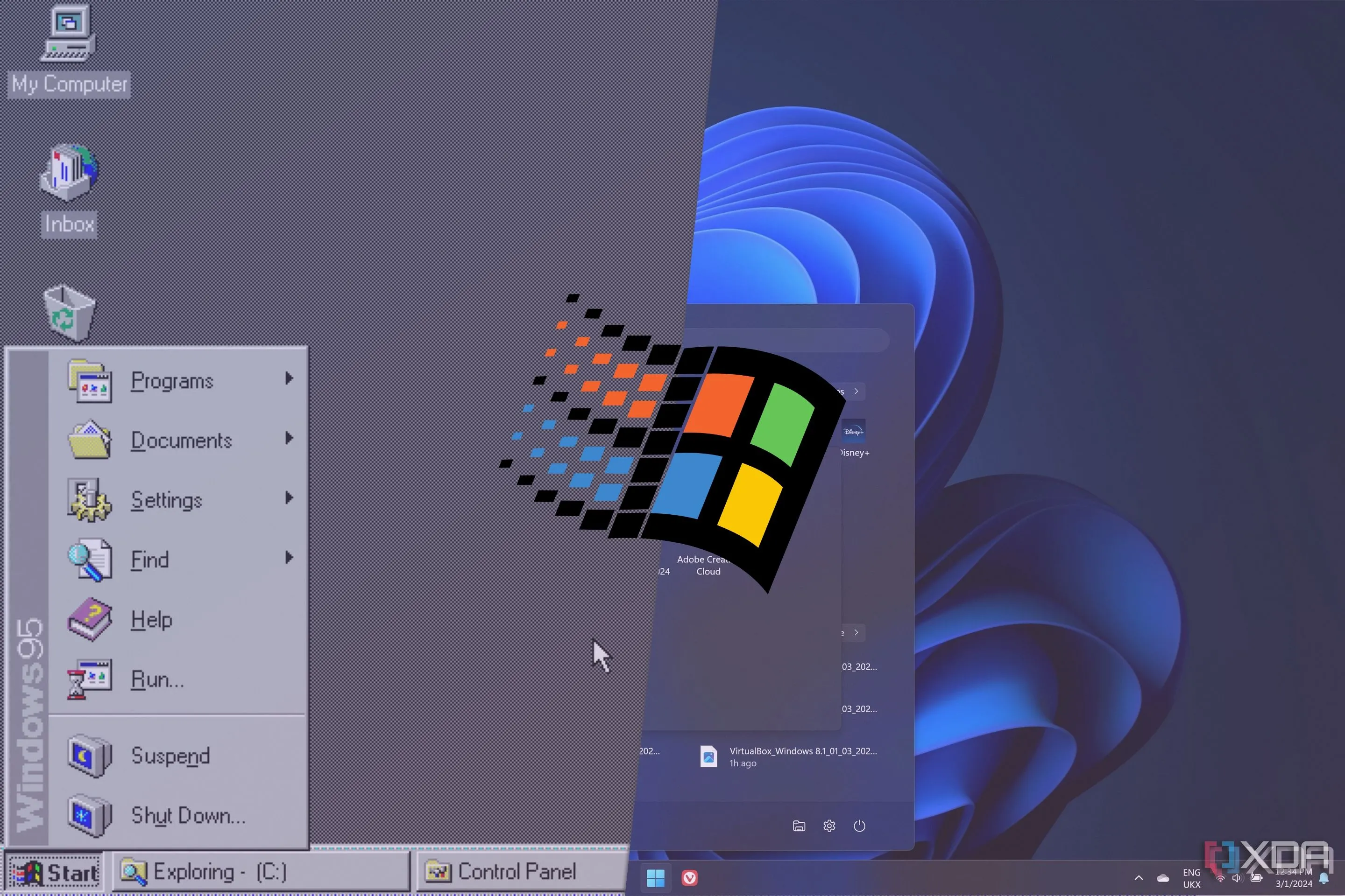 So sánh giao diện hệ điều hành Windows 95 cổ điển và Windows 11 hiện đại, thể hiện chặng đường phát triển của Windows