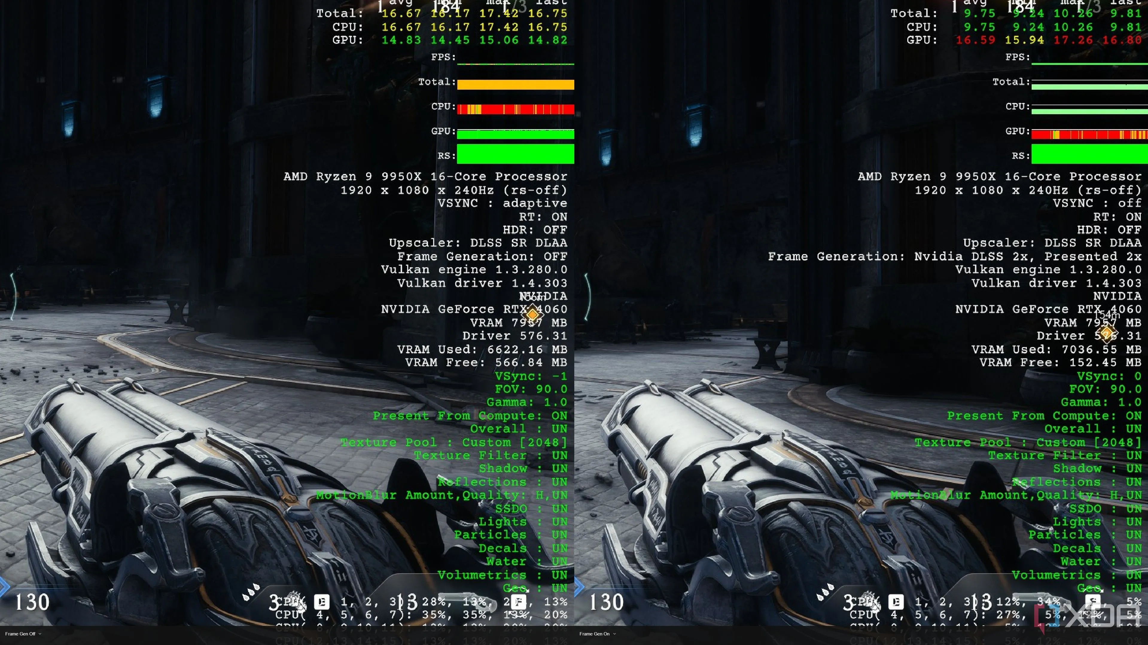 So sánh hiệu suất game Doom The Dark Ages với và không có Frame Generation trên RTX 4060