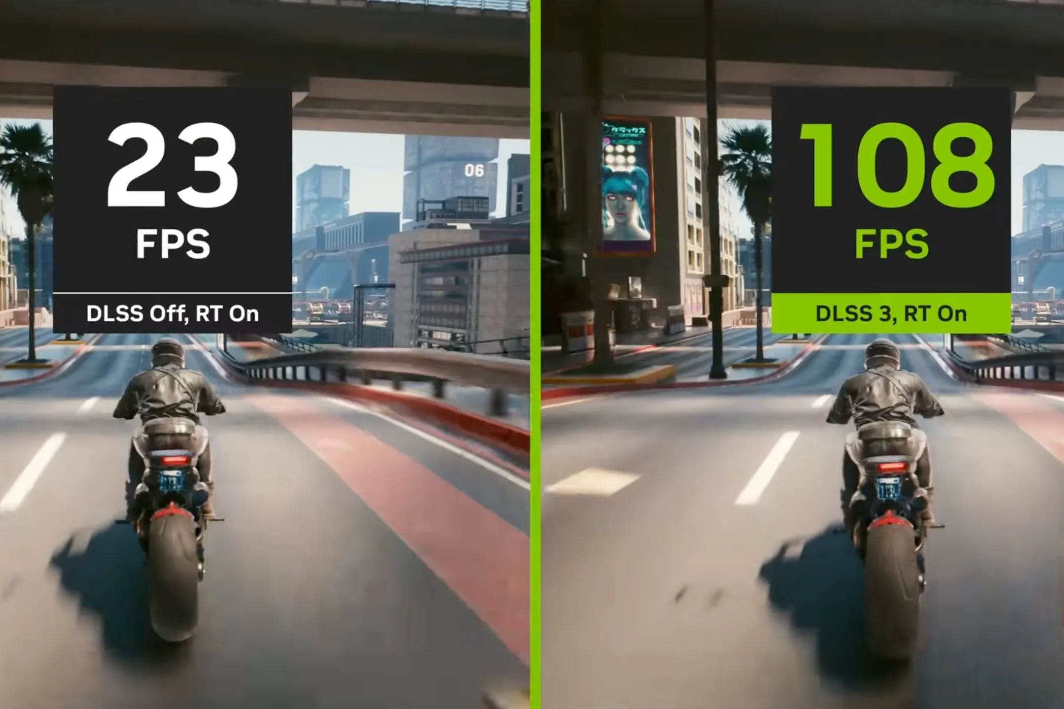 So sánh hình ảnh game Cyberpunk 2077 có và không có DLSS, làm nổi bật sự khác biệt về chất lượng đồ họa và độ sắc nét.