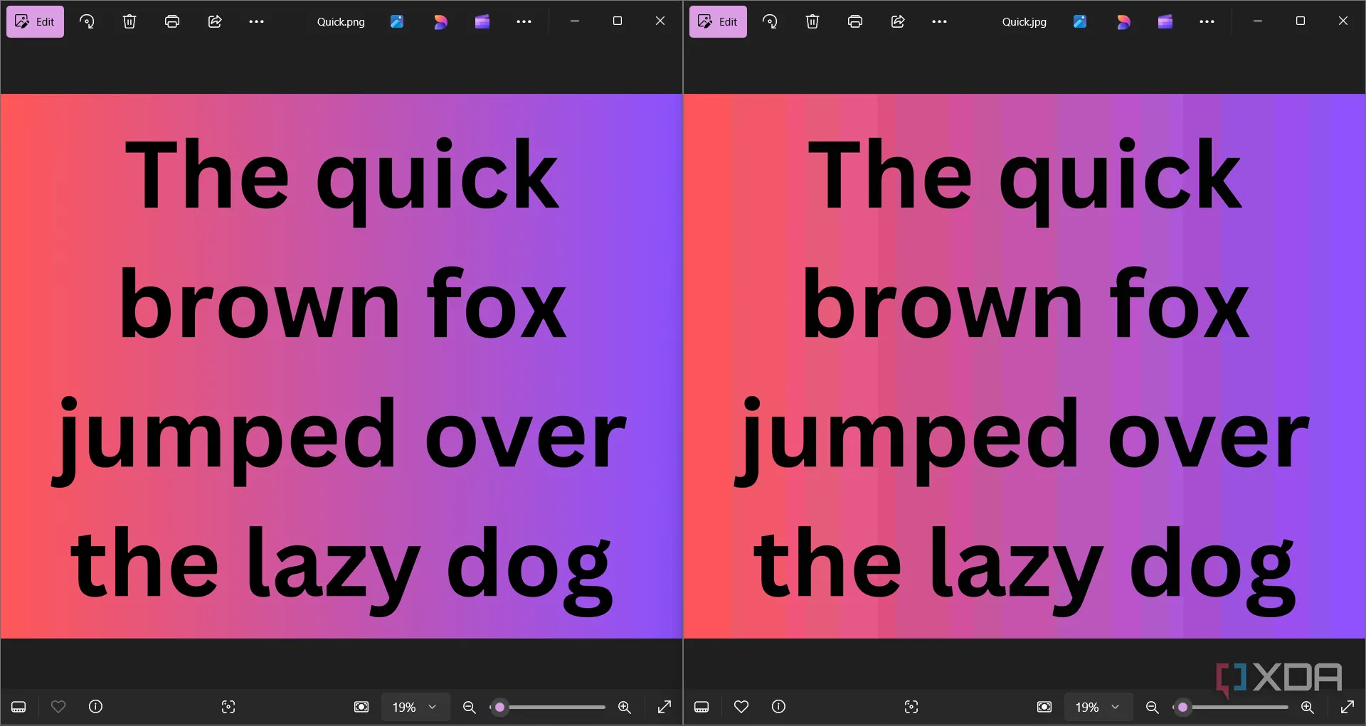 So sánh hình ảnh PNG và JPG cạnh nhau, minh họa sự khác biệt về gradient màu và hiệu ứng dải màu (color banding)