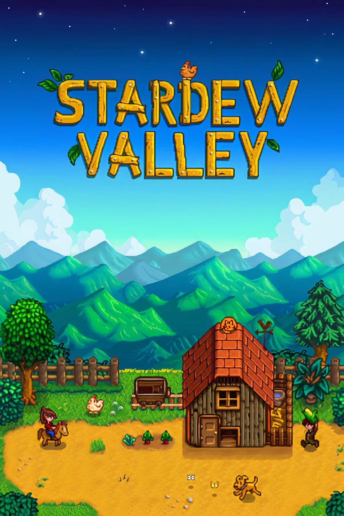 Stardew Valley: Nhân vật người chơi đang tưới cây trong một cánh đồng tươi tốt