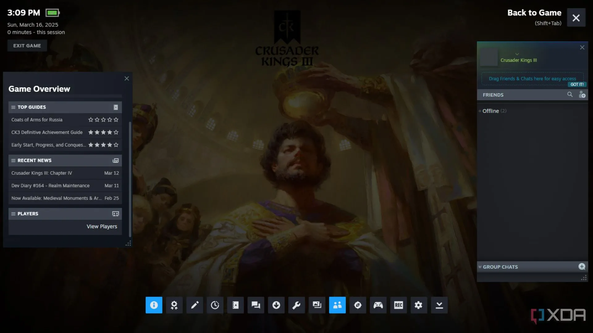 Steam Overlay hiển thị trên màn hình tải của game Crusader Kings 3, minh họa tính năng tiện ích