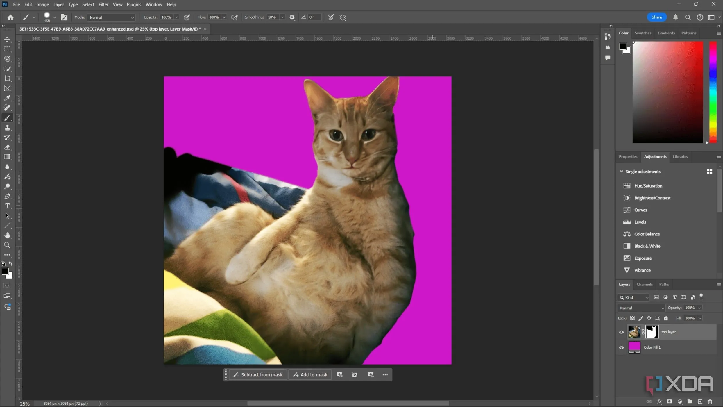 Sử dụng công cụ Brush để tạo mặt nạ (mask) trên hình ảnh trong Adobe Photoshop, giúp chỉnh sửa và hòa trộn ảnh chính xác