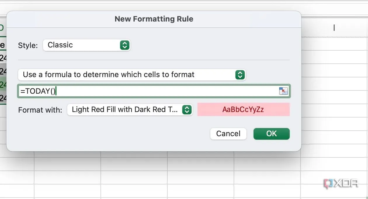 Sử dụng công thức để định dạng có điều kiện theo thời hạn trong Excel