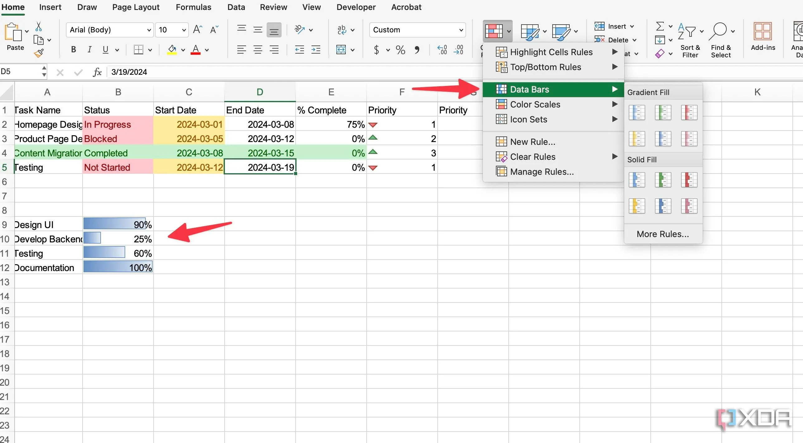 Sử dụng thanh dữ liệu trong định dạng có điều kiện của Excel để thể hiện tiến độ