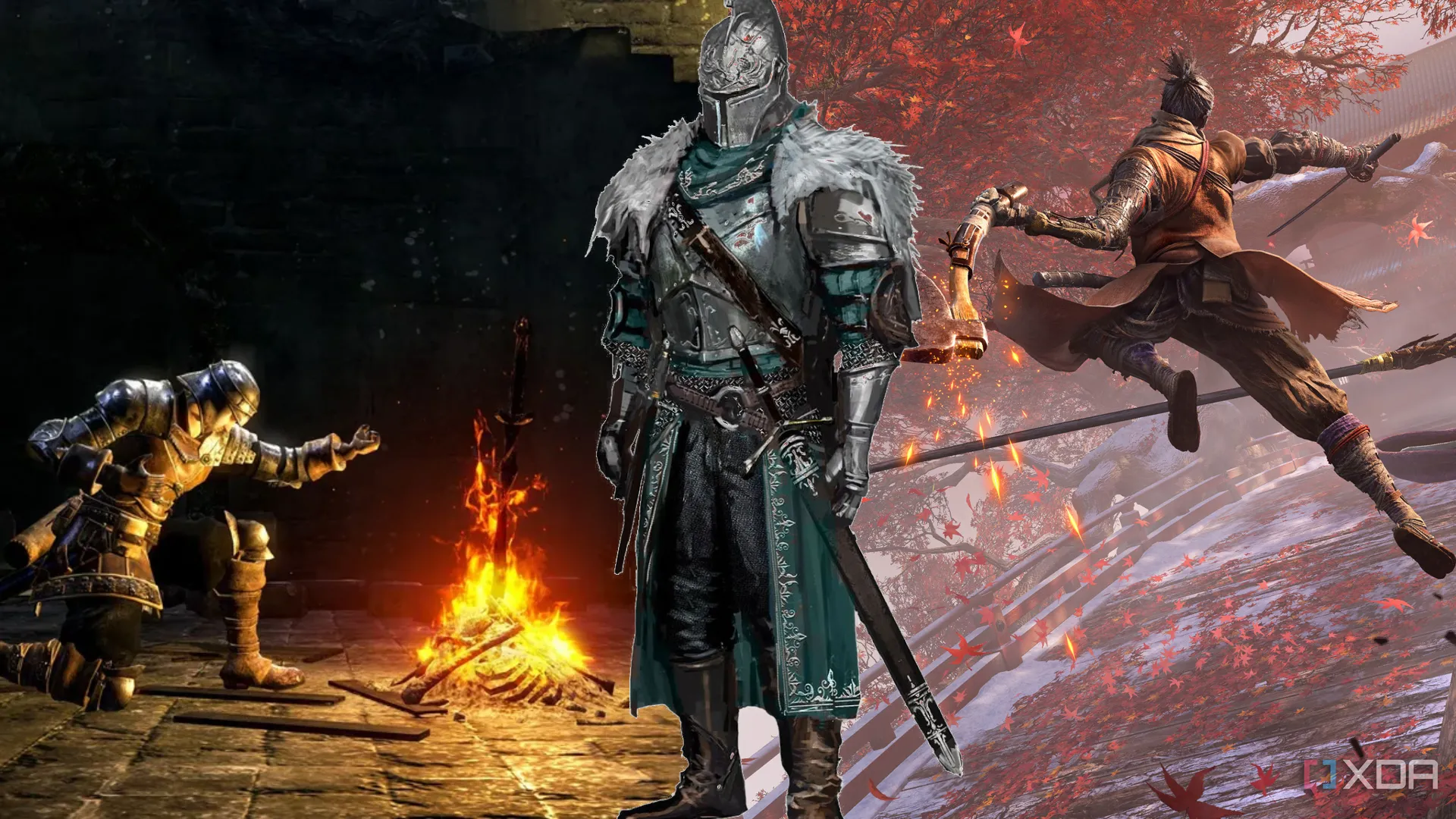 Tác phẩm nghệ thuật từ các tựa game Souls-like như Dark Souls và Sekiro, đại diện cho những trò chơi có độ khó cực cao mà game thủ solo FBC Firebreak phải đối mặt