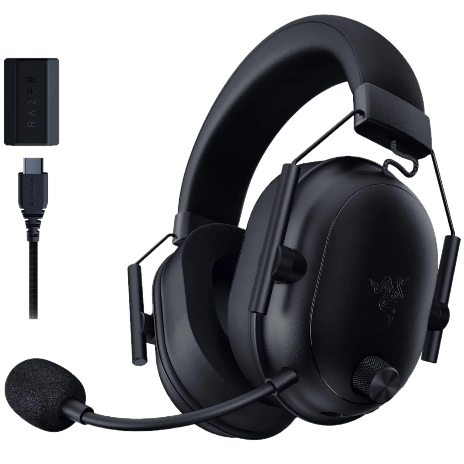 Tai nghe gaming không dây Razer BlackShark V2 HyperSpeed màu đen cùng bộ thu sóng, đại diện cho tai nghe chơi game chất lượng cao