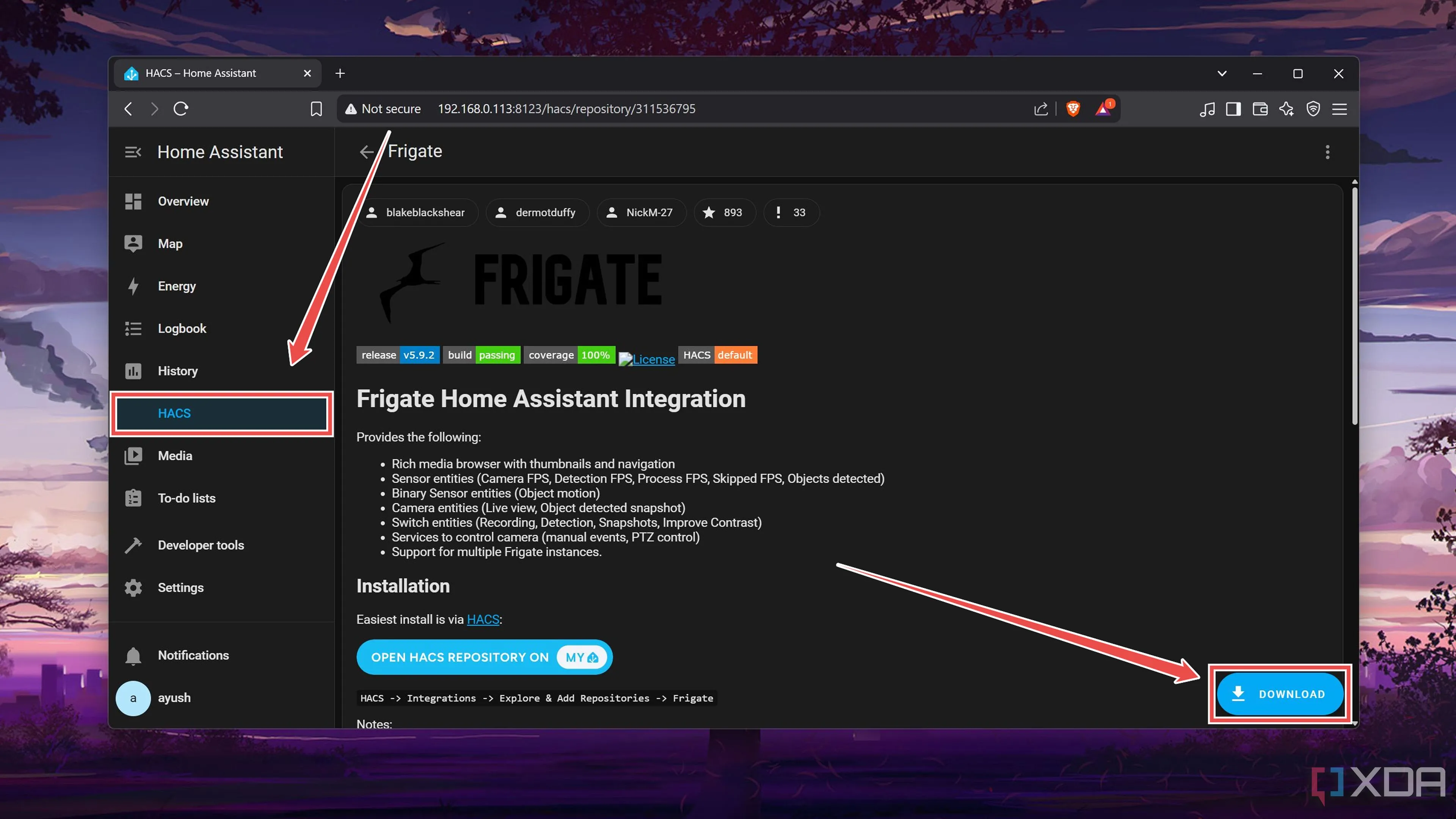 Tải xuống tích hợp Frigate từ HACS trong Home Assistant