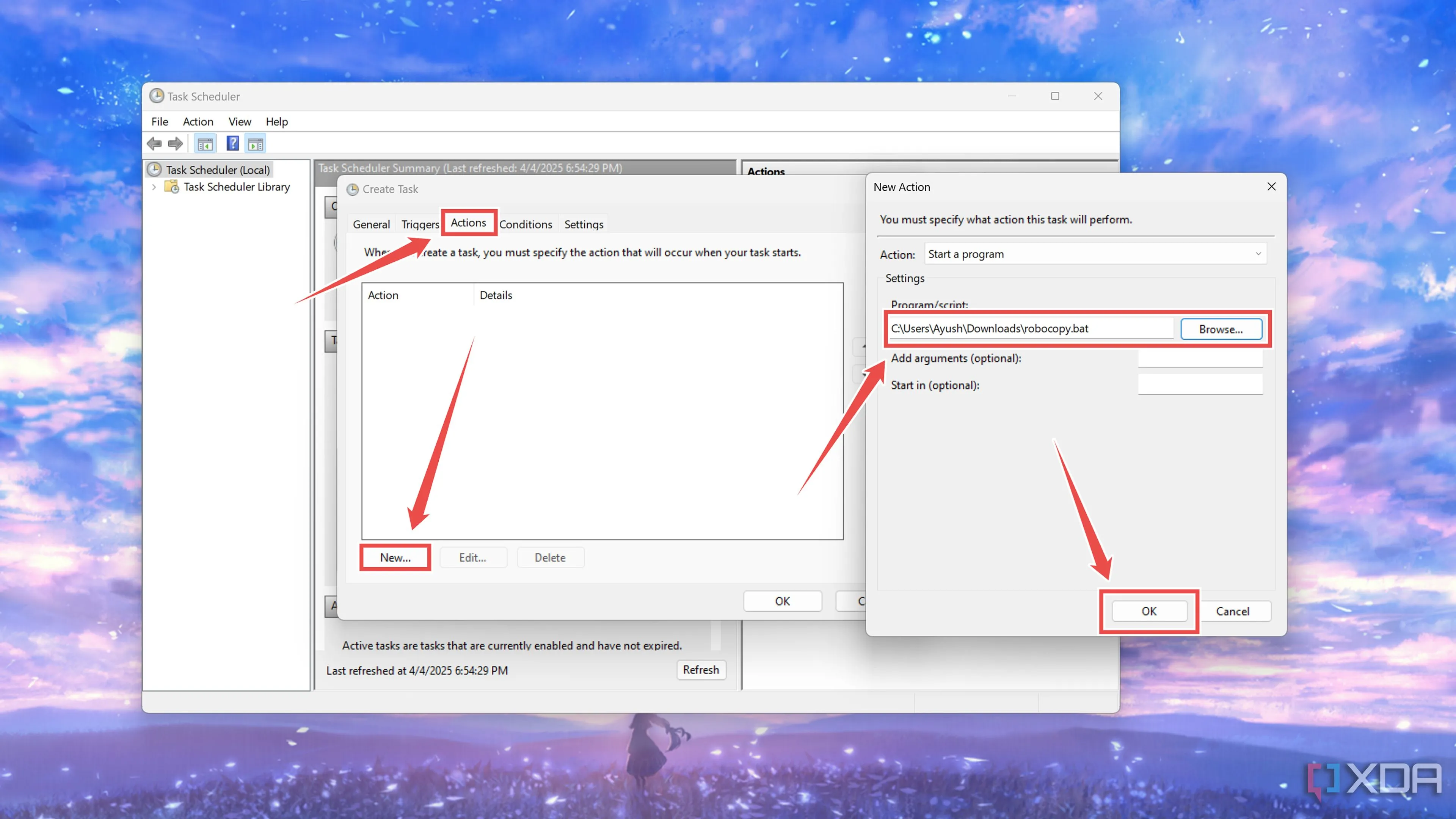 Tạo Action (Hành động) mới, trỏ đến file script Robocopy .bat đã tạo