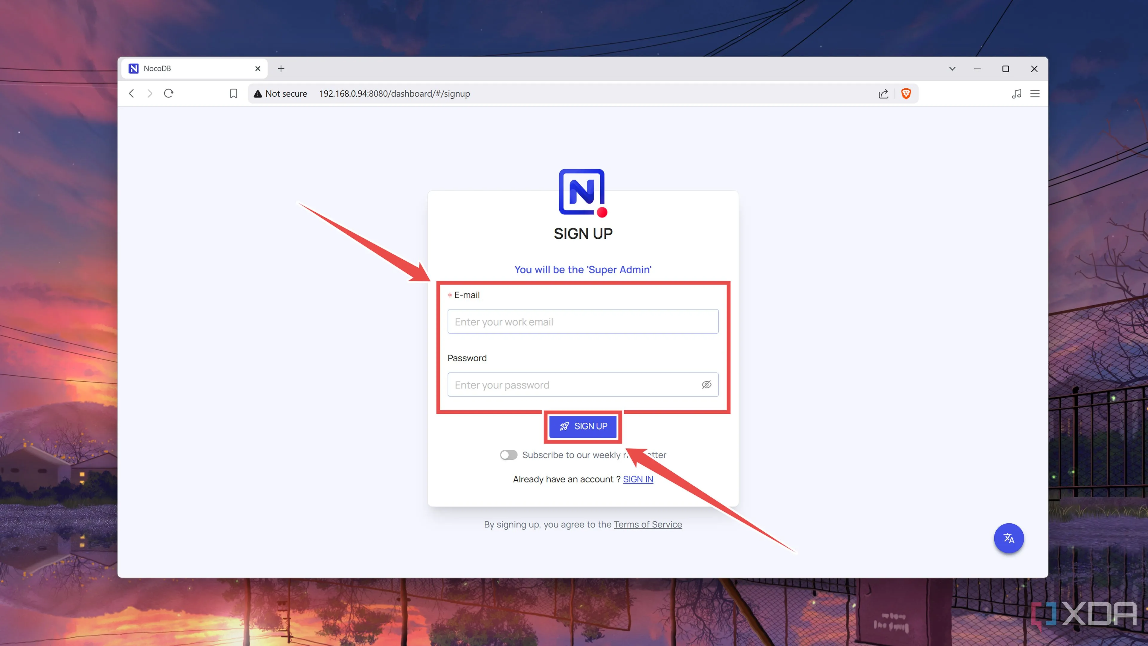 Tạo tài khoản superuser đầu tiên trong giao diện web NocoDB