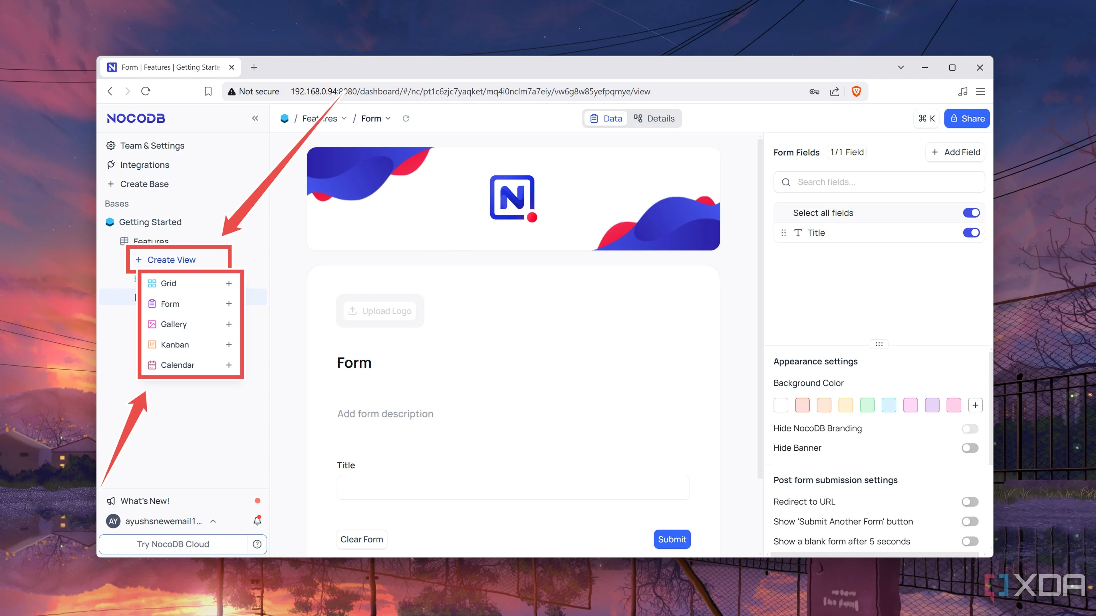 Tạo và chuyển đổi các chế độ xem dữ liệu linh hoạt (Kanban, Grid, Form, Gallery, Calendar) trong NocoDB