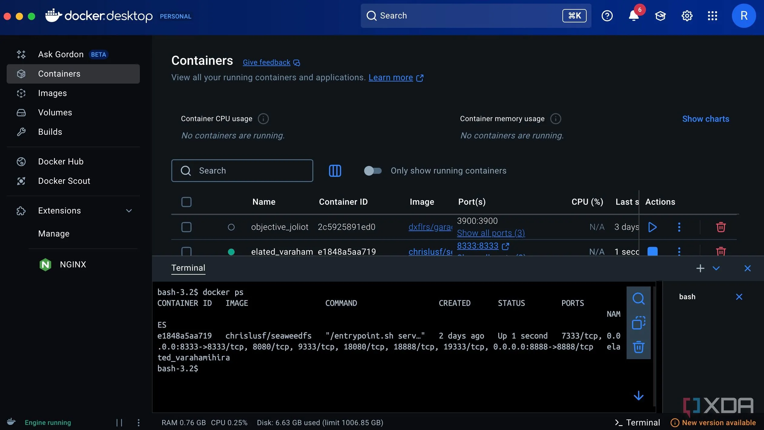 Terminal hiển thị kết quả của lệnh docker ps, liệt kê các container đang chạy cùng thông tin trạng thái và ID