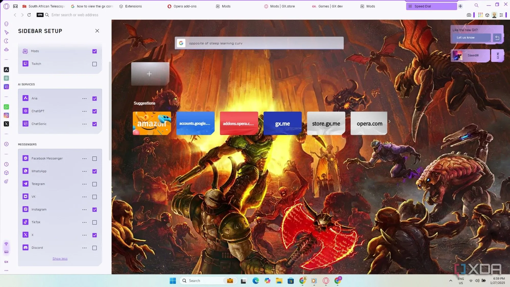 Thanh bên (Sidebar) của Opera GX với các phím tắt ứng dụng và dịch vụ