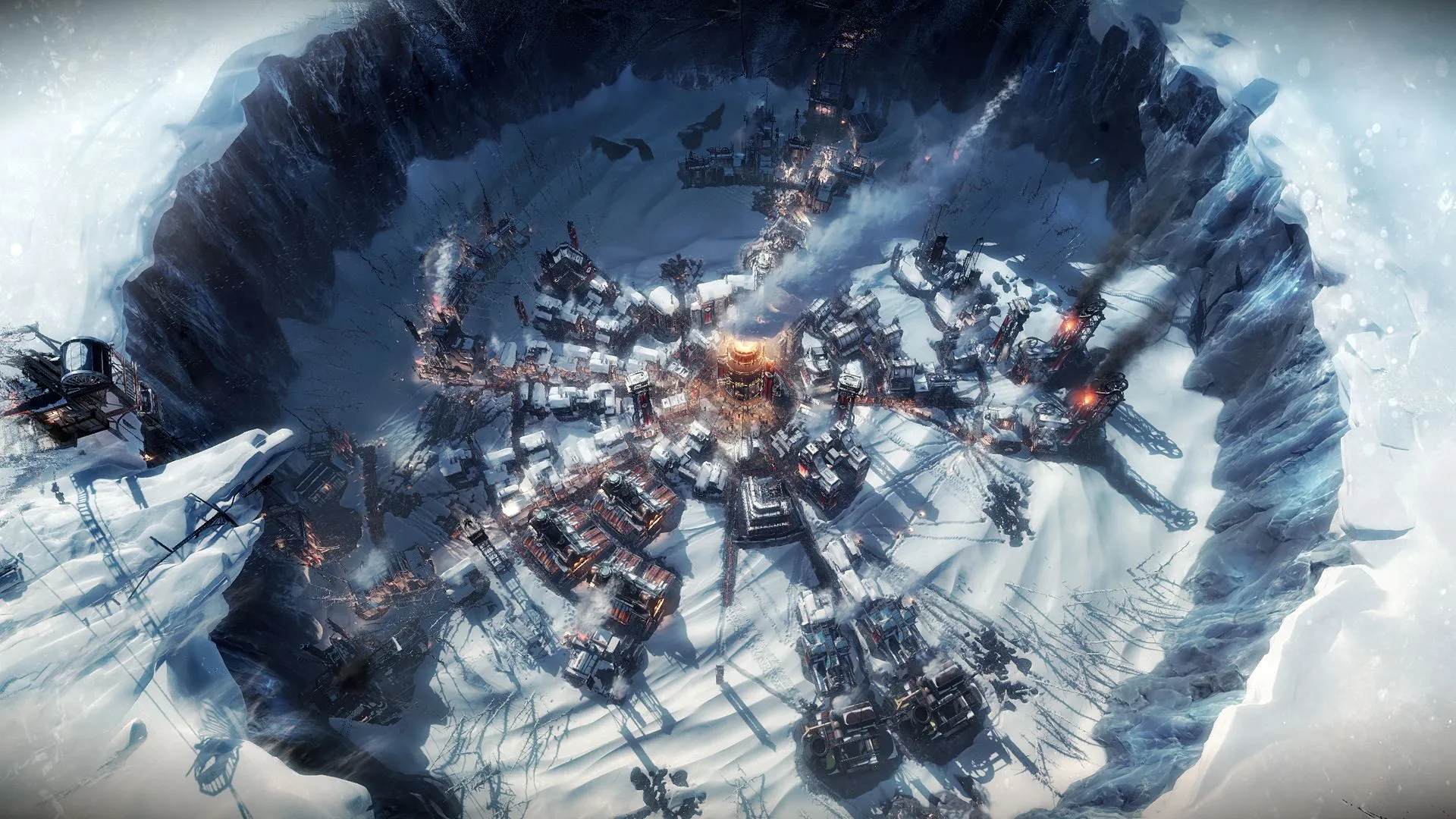 Thành phố băng giá trong Frostpunk 1886 với lò sưởi trung tâm và nhà cửa chật kín giữa mùa đông khắc nghiệt