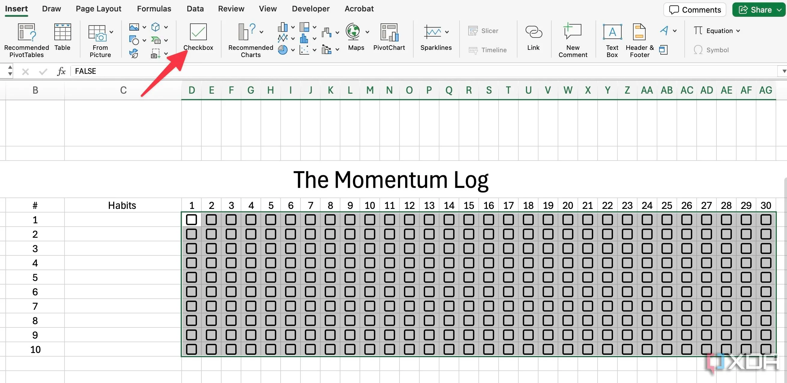 Thêm checkbox vào Habit Tracker trong Excel