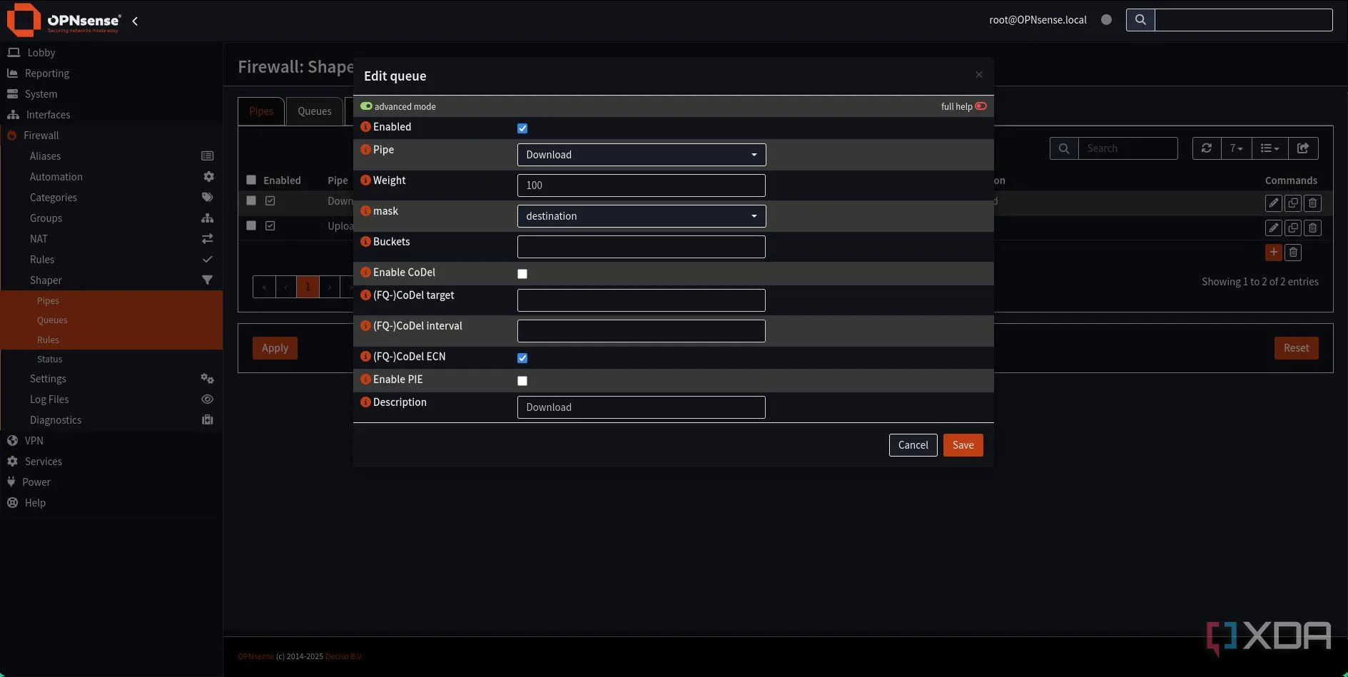 Thêm hàng đợi Download Queue trong OPNsense Traffic Shaping, liên kết với Pipe Download