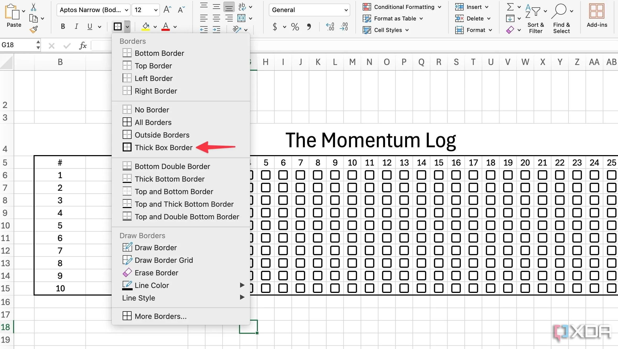 Thêm viền dày cho Habit Tracker trong Excel