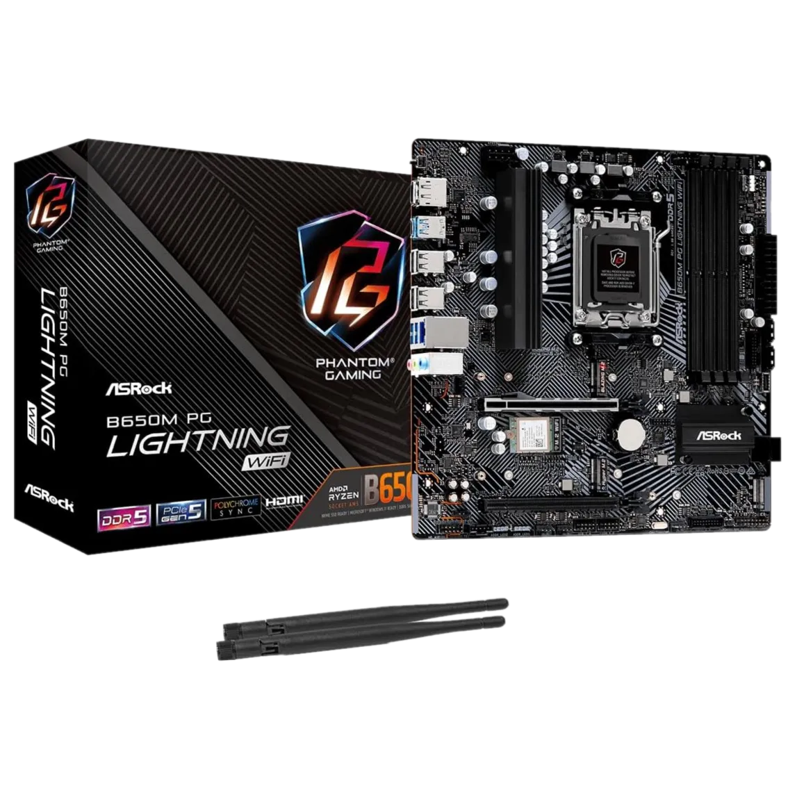 Thiết kế mainboard ASRock B650M PG Lightning WiFi, một lựa chọn cân bằng giữa hiệu năng và giá cả cho PC gaming DDR5 với các tính năng cần thiết như khe M.2 Gen5.