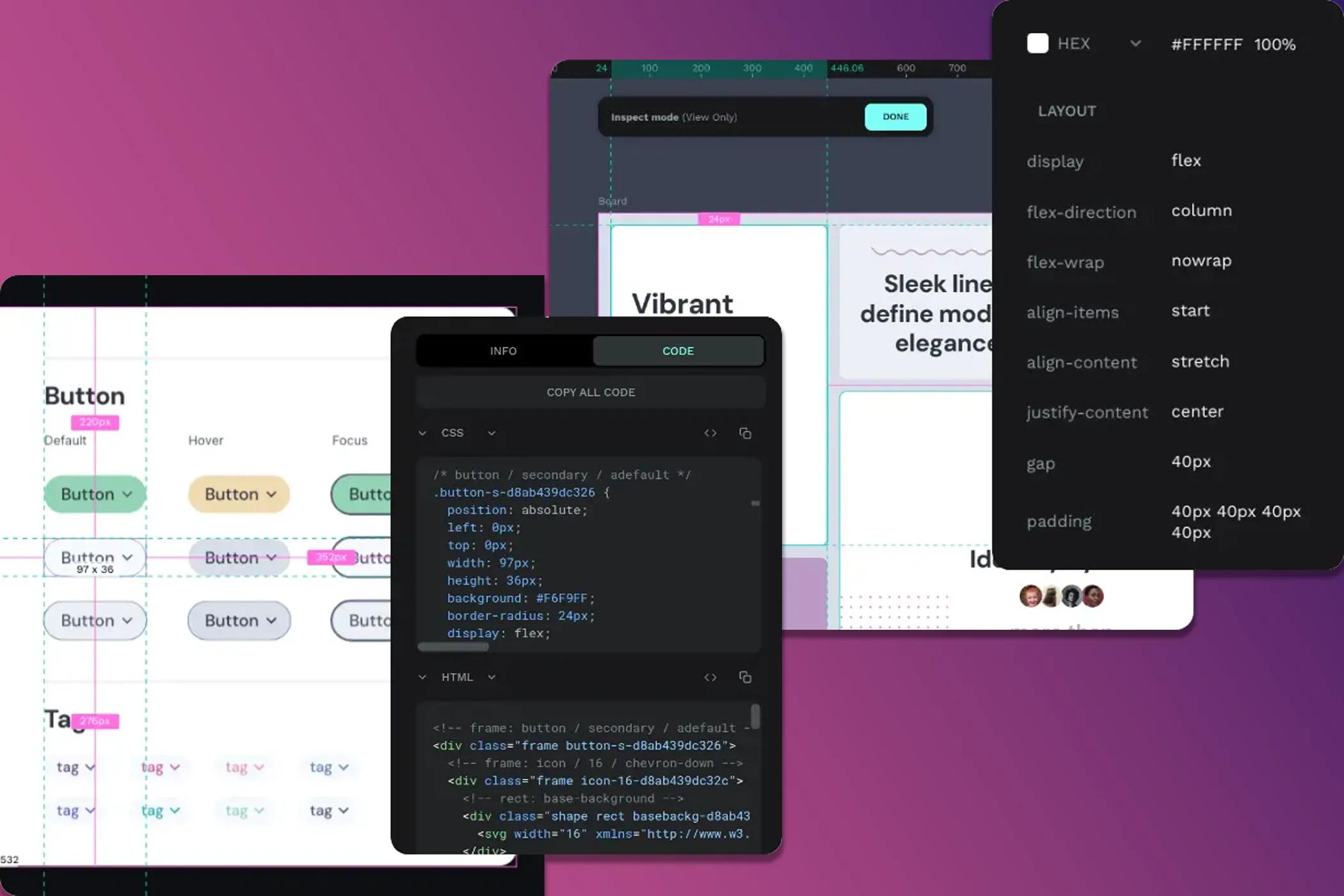 Thiết kế trong Penpot với mã HTML và CSS tự động được đính kèm, hỗ trợ developer handoff