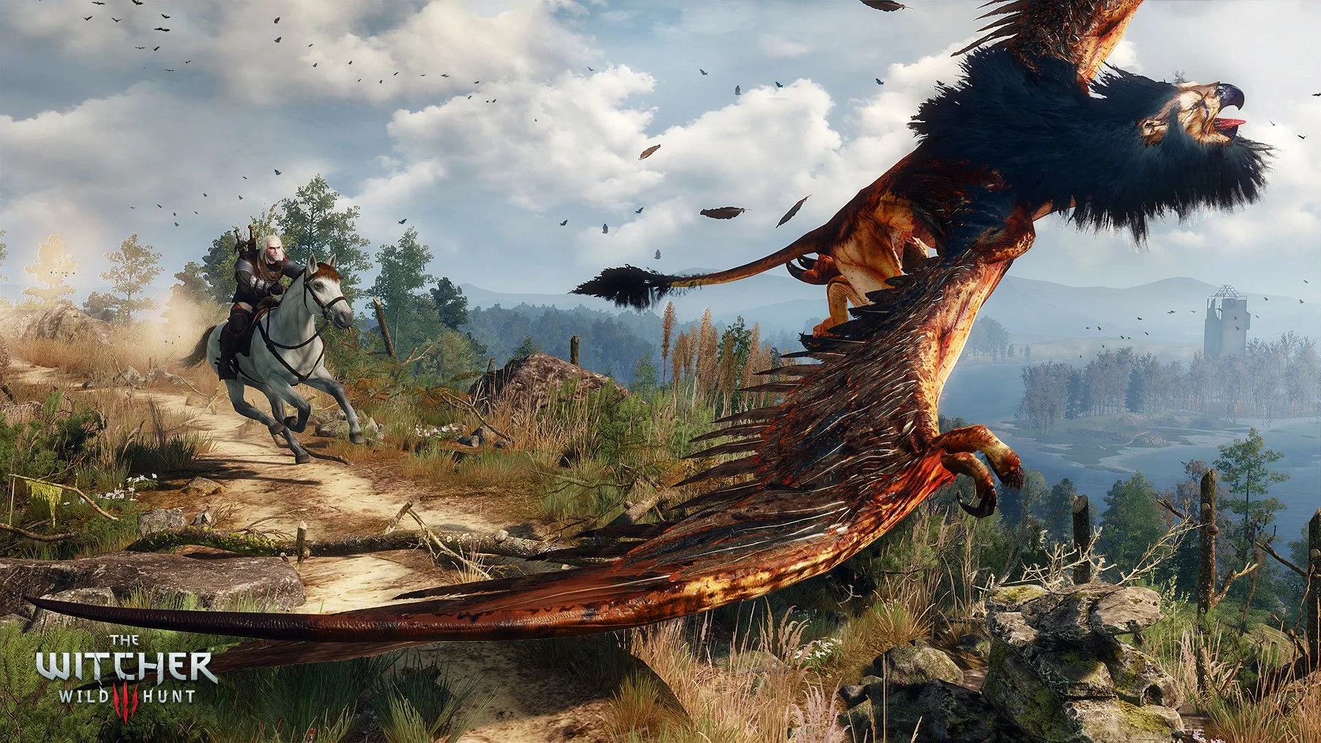 Thợ săn quái vật Geralt đang chiến đấu với một con quái vật trong The Witcher 3: Wild Hunt.