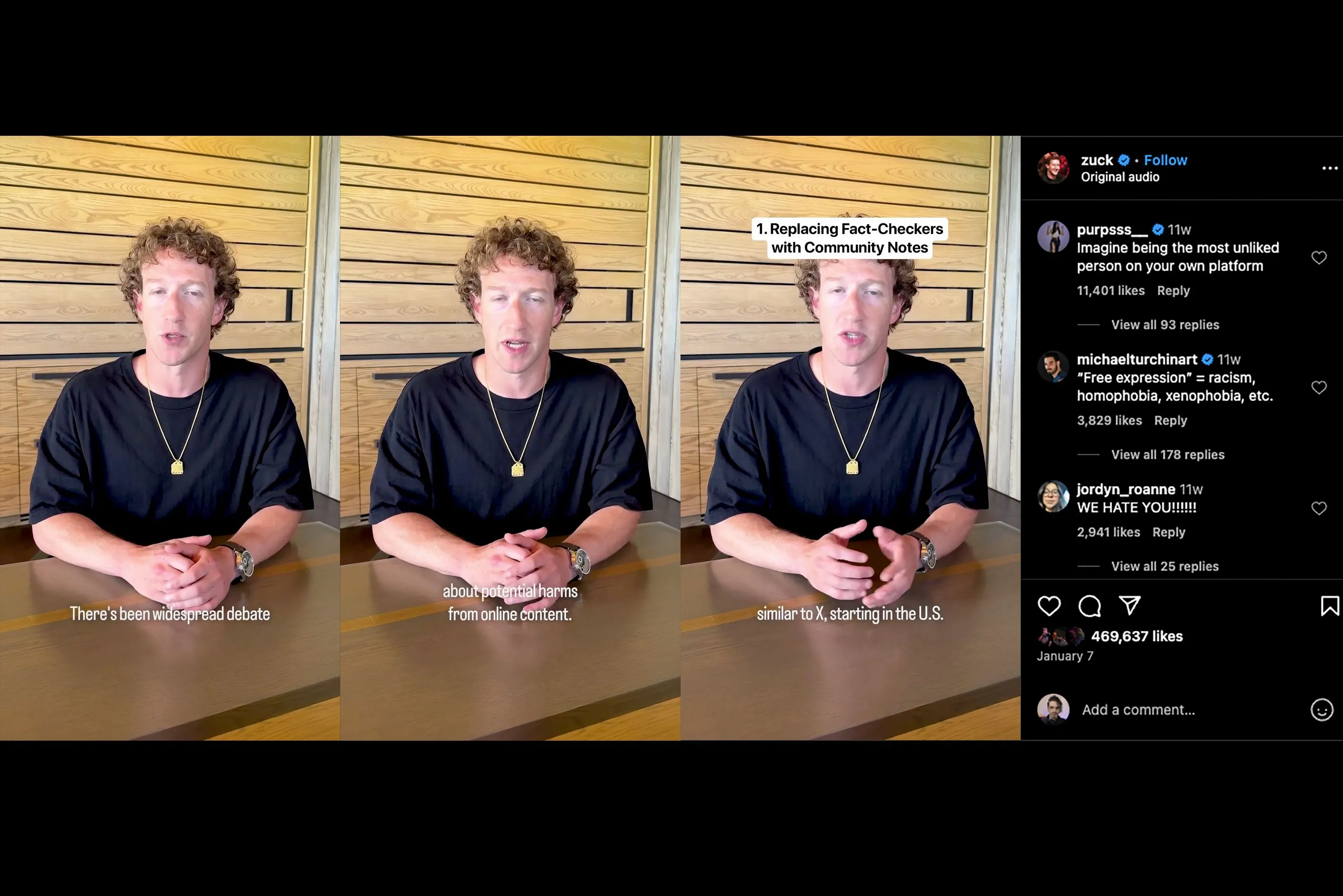 Thông báo của Mark Zuckerberg về việc Meta chấm dứt kiểm tra thông tin, kèm bình luận tiêu cực trên Instagram
