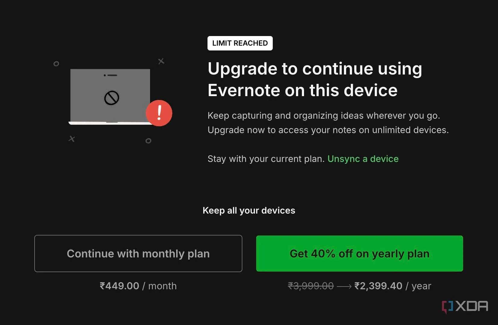 Thông báo nâng cấp gói trả phí trên ứng dụng Evernote