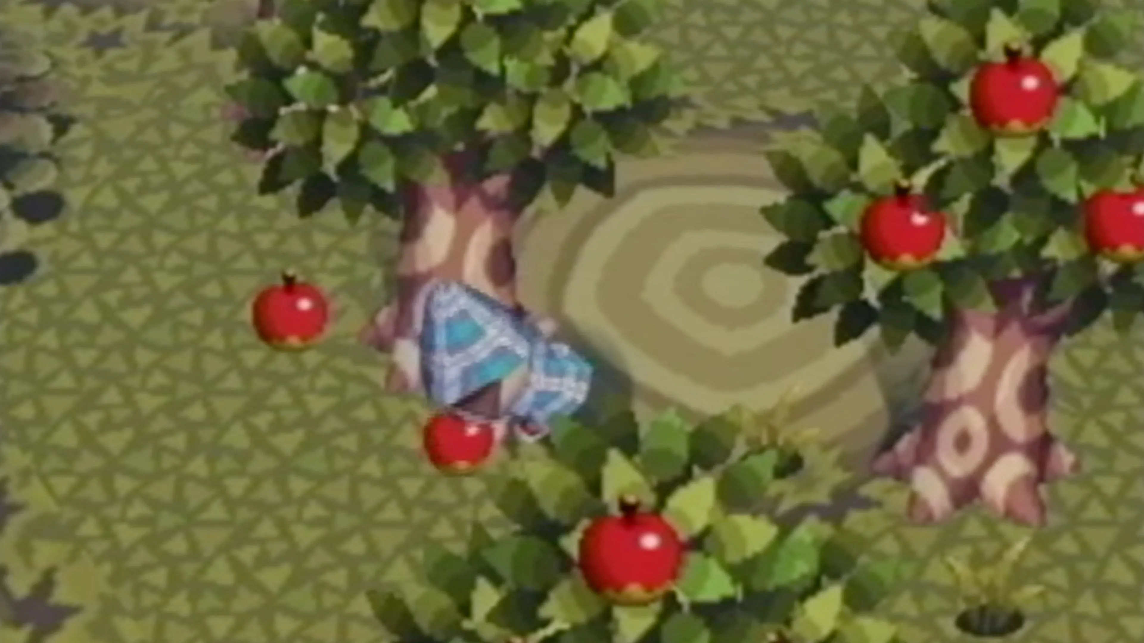 Thu hoạch táo từ cây ăn quả trong game mô phỏng cuộc sống Animal Crossing.