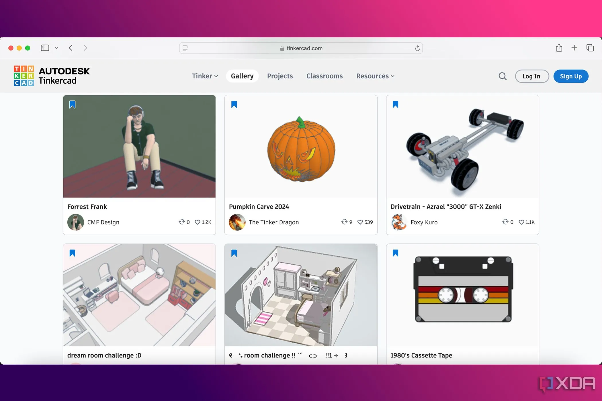 Thư viện dự án 3D trong phần mềm Autodesk Tinkercad, minh họa tính năng dễ sử dụng của Tinkercad