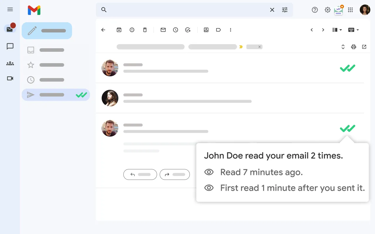 Tiện ích Mailtrack hiển thị trạng thái email đã được đọc trong hộp thư đến Gmail, với biểu tượng dấu tick xanh.