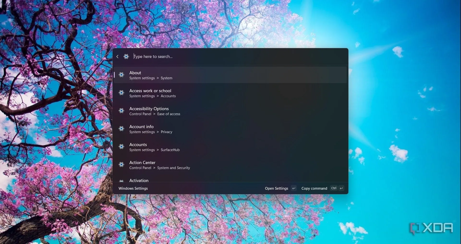 Tìm kiếm cài đặt Windows trong Command Palette của Arc Browser, thể hiện cách Arc quản lý các tính năng thay thế bookmark truyền thống.