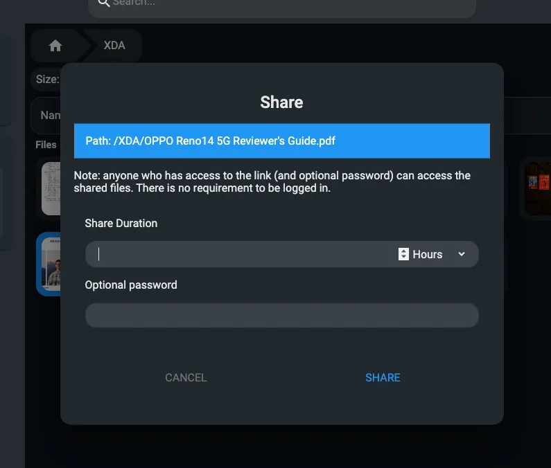 Tính năng chia sẻ file qua liên kết của FileBrowser Quantum, cho phép dễ dàng gửi tệp tin cho người khác.