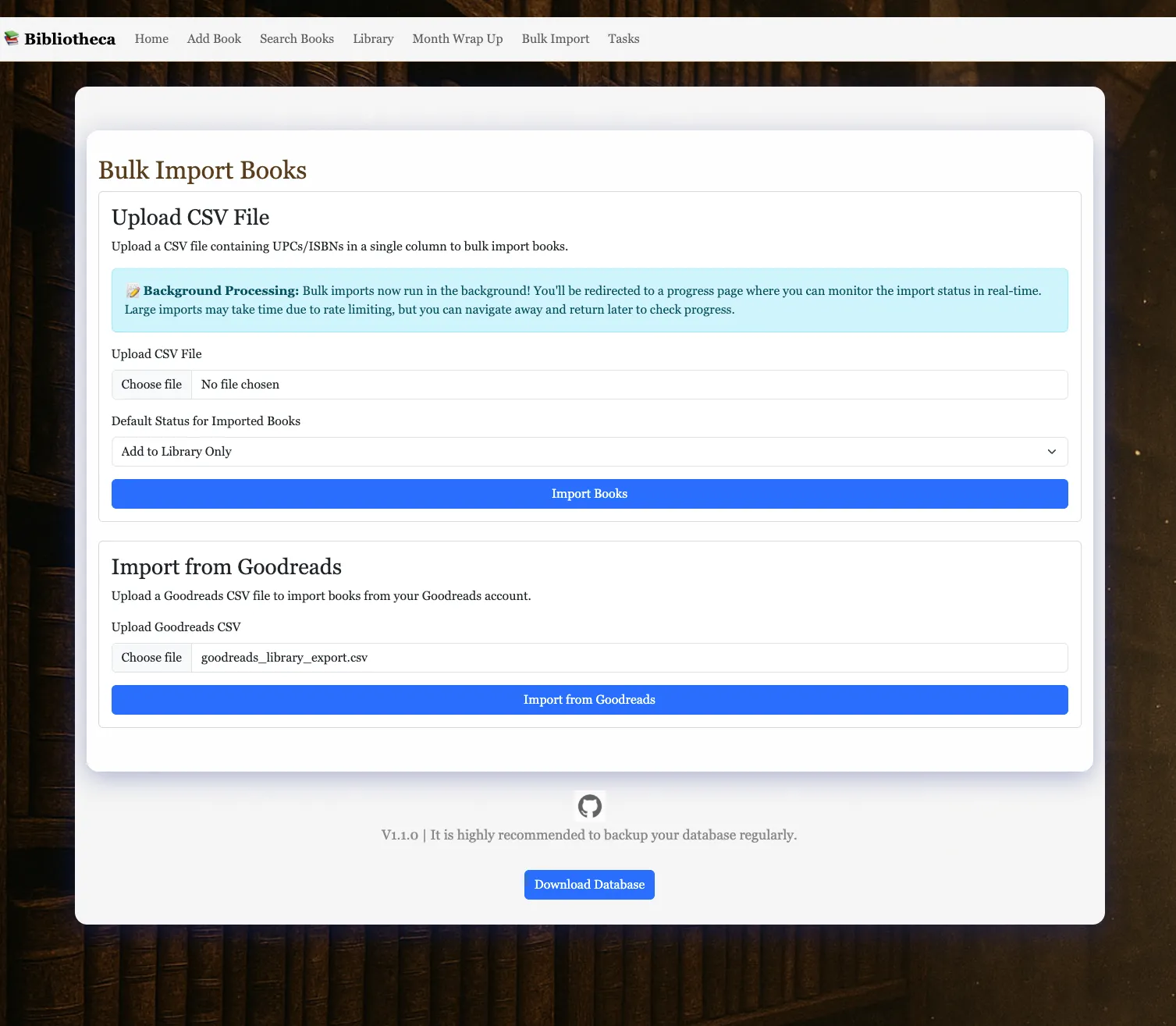 Tính năng nhập dữ liệu thư viện sách từ Goodreads vào Bibliotheca qua file CSV